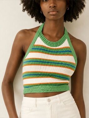 Zara Green Striped Knit Halter Crop Top Wrap Tie Cotton Size Small